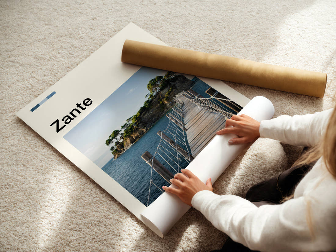 Zante Wooden Footbridge Islet Travel Print being unrolled from its postal tube