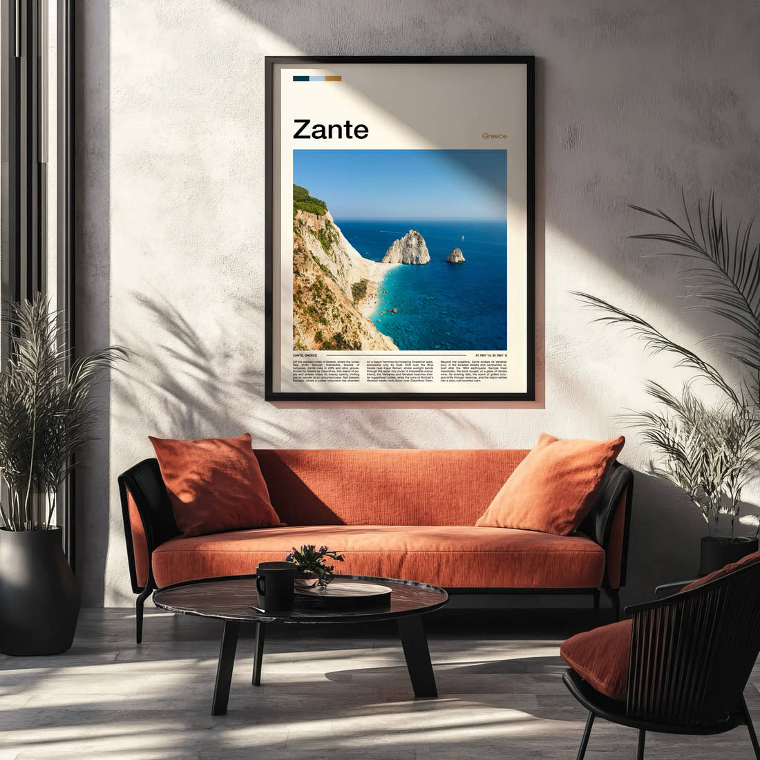 Zante Limestone Cliffs And Shipwreck Coast Travel Print framed on the wall of a modern living room