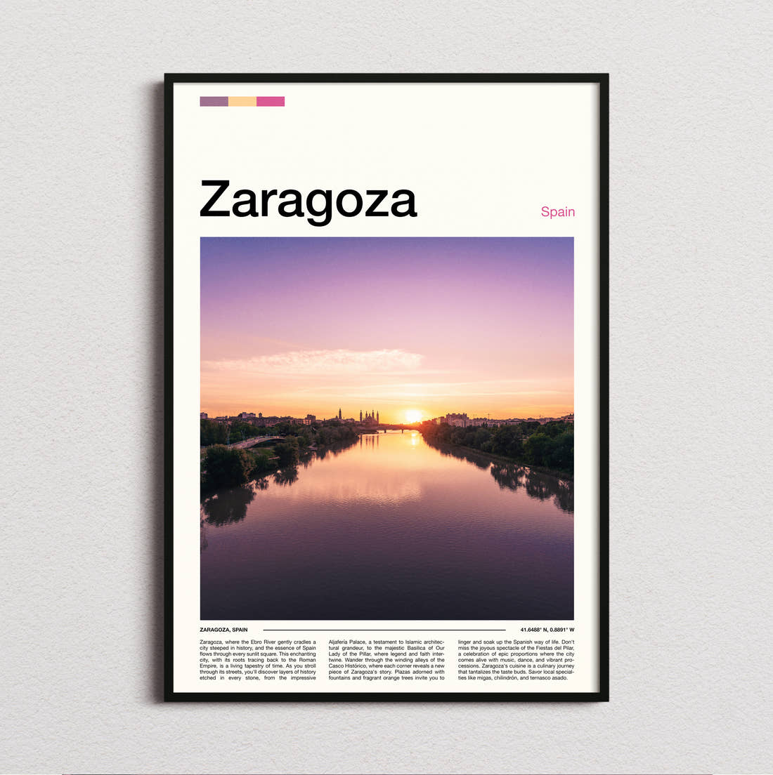 Zaragoza River At Sunset Travel Print framed and photographed straight on