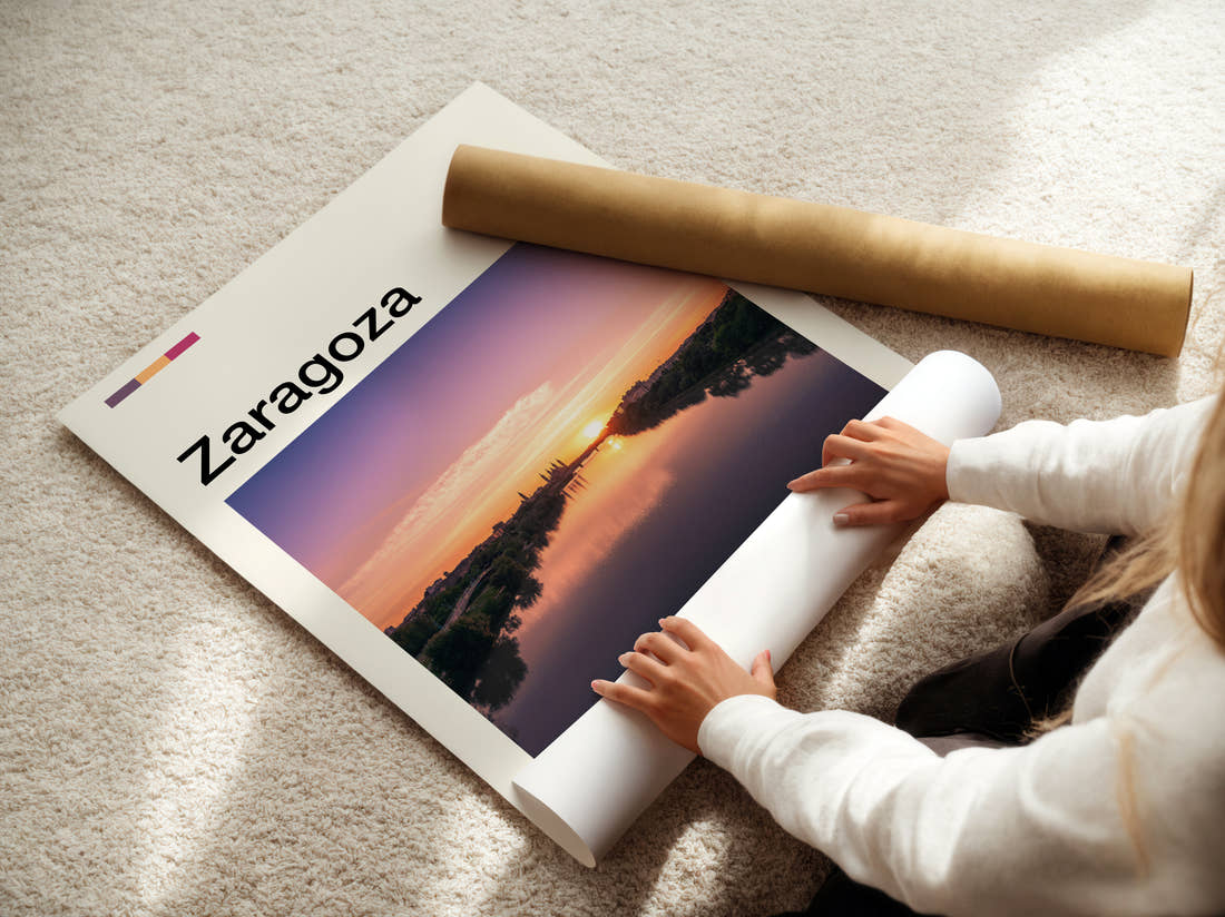 Zaragoza River At Sunset Travel Print being unrolled from its postal tube