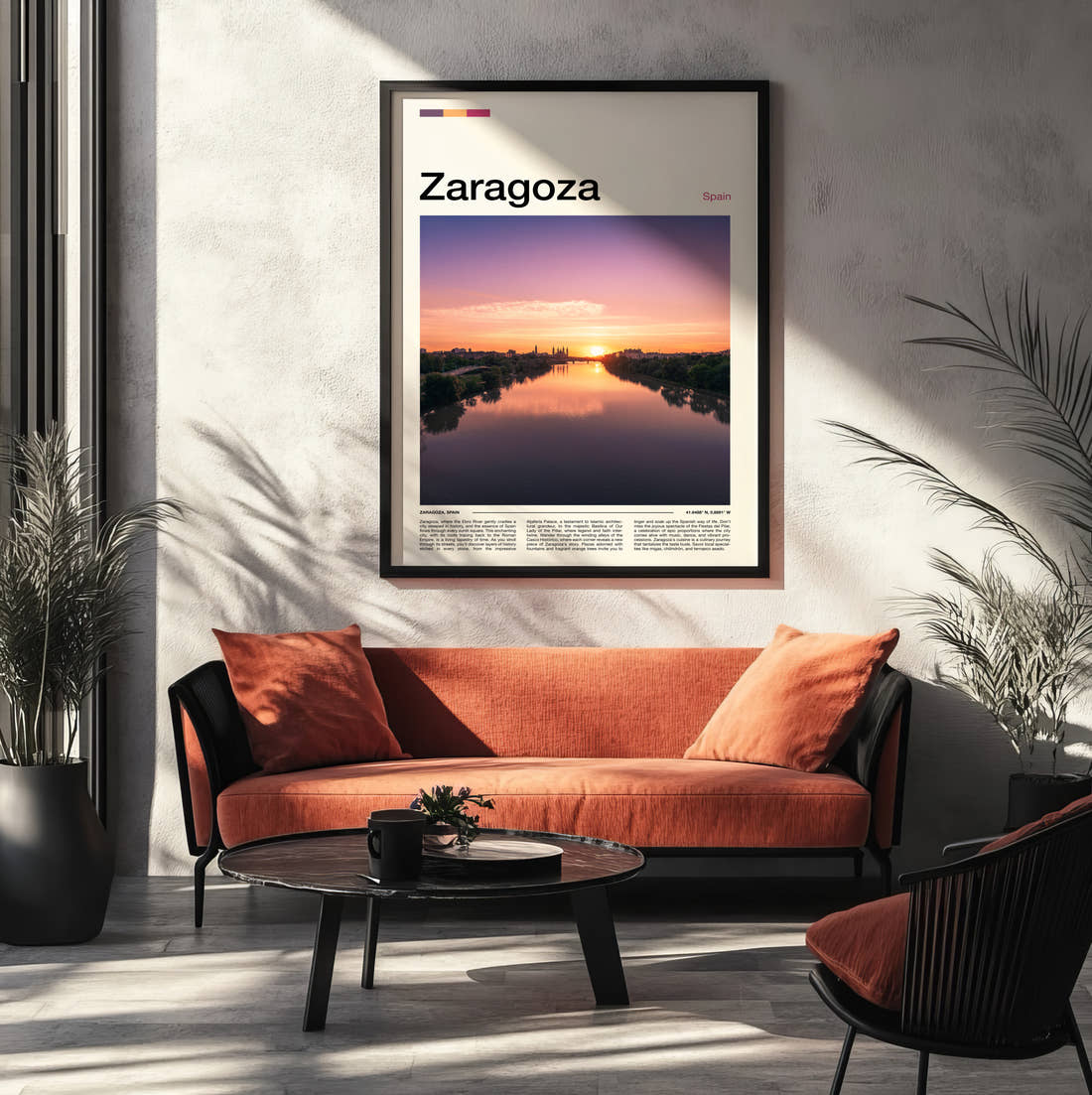 Zaragoza River At Sunset Travel Print framed on the wall of a modern living room