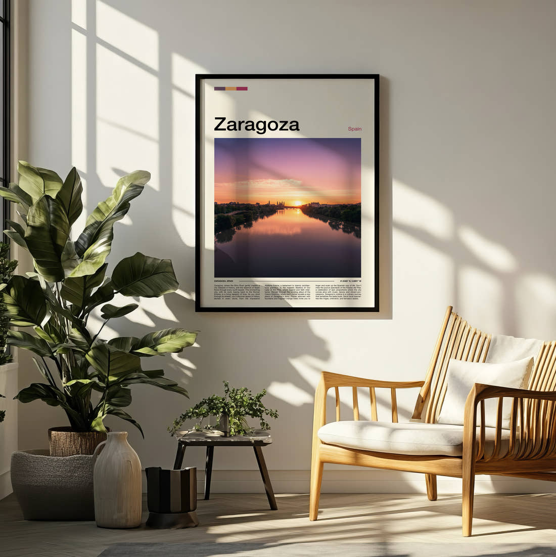 Zaragoza River At Sunset Travel Print framed on a pale wall beside houseplants