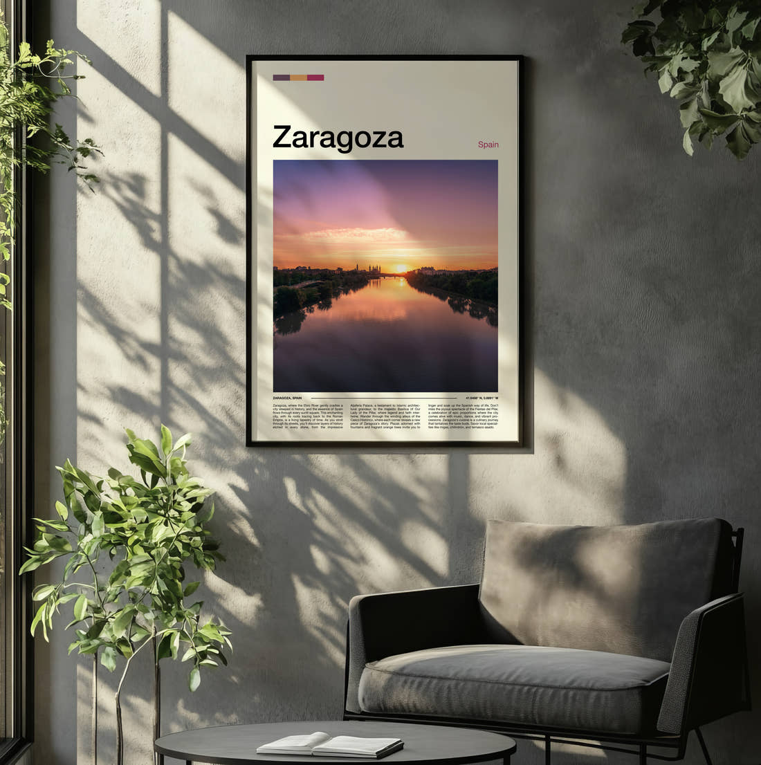 Zaragoza River At Sunset Travel Print framed on the wall of a relaxed living room
