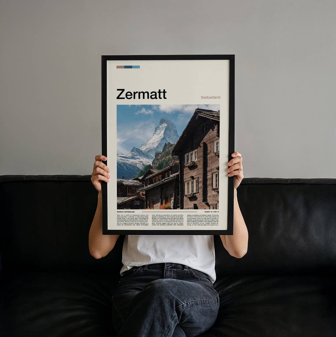 Zermatt Wooden Chalet And Matterhorn Travel Print held up by hand to show the size of the print