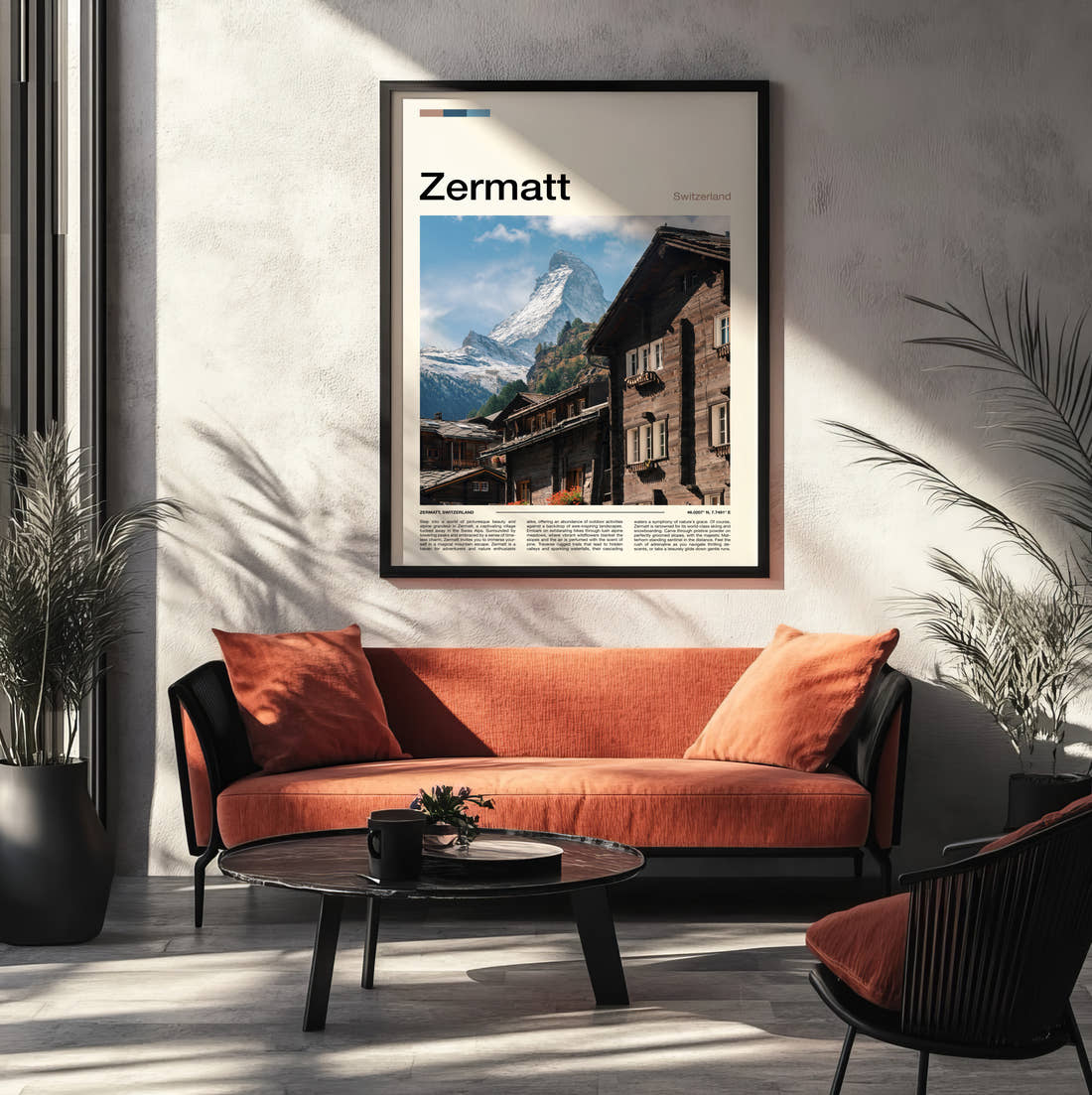 Zermatt Wooden Chalet And Matterhorn Travel Print framed on the wall of a modern living room