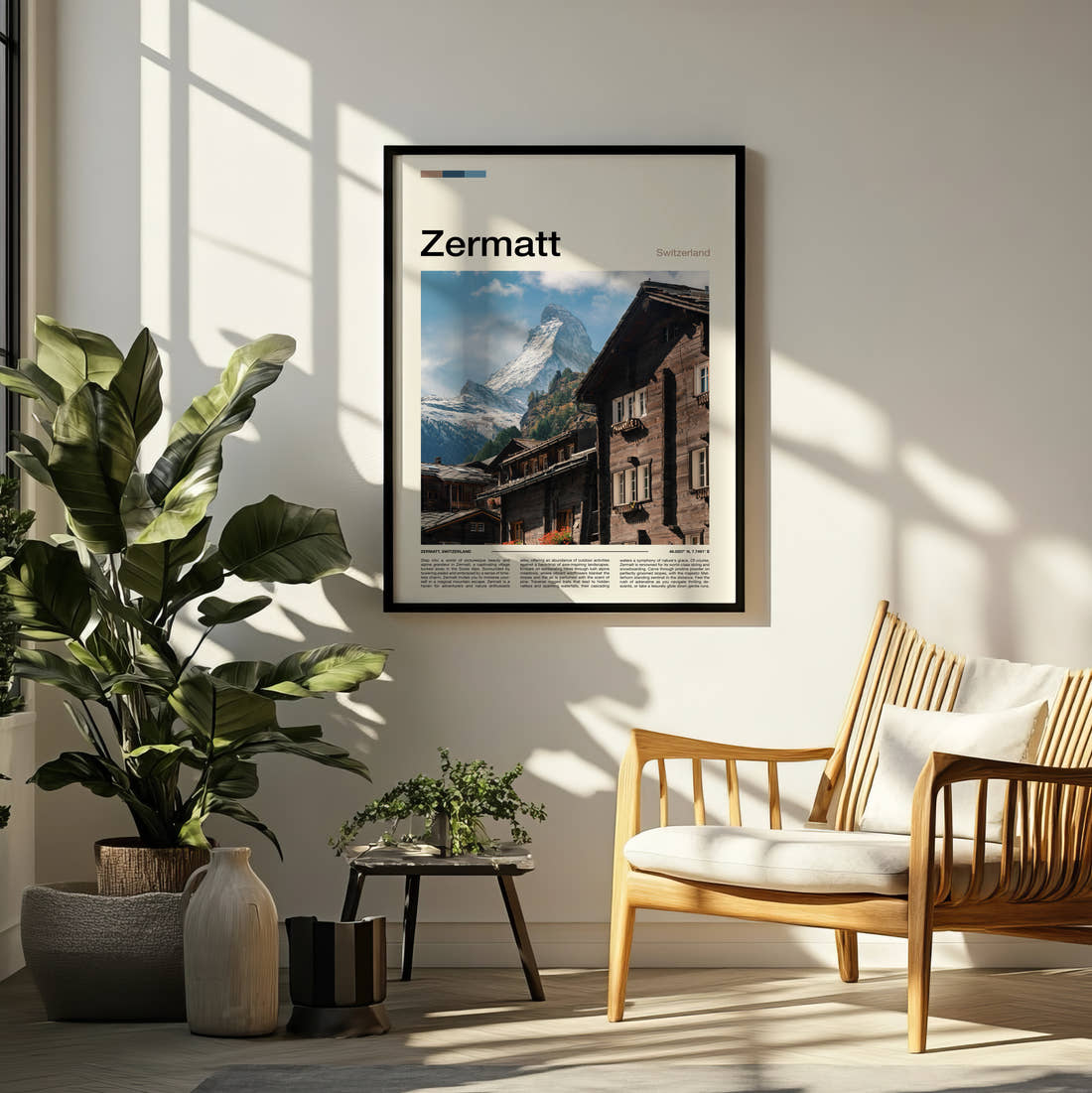 Zermatt Wooden Chalet And Matterhorn Travel Print framed on a pale wall beside houseplants