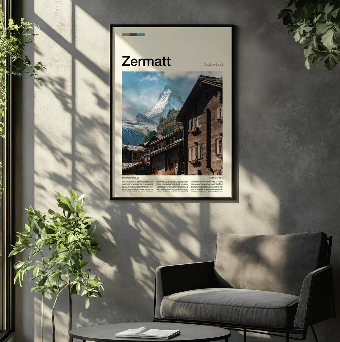 Zermatt Wooden Chalet And Matterhorn Travel Print framed on the wall of a relaxed living room