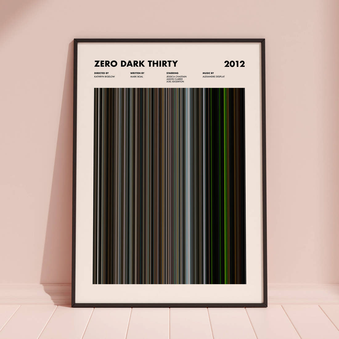 Zero Dark Thirty Movie Barcode Poster framed and leaning against a coloured wall