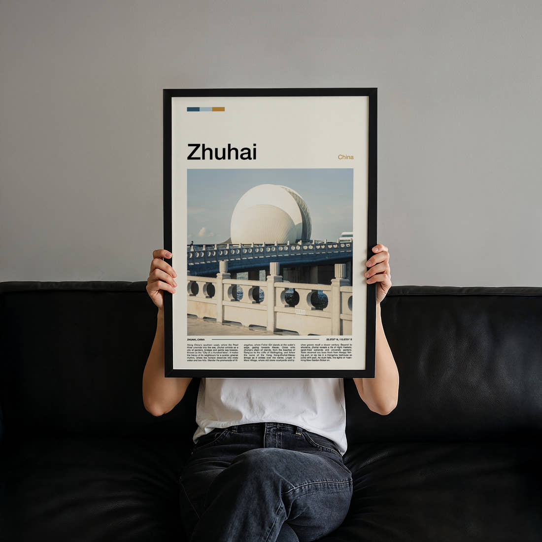 Zhuhai Opera House Bridge Travel Print held up by hand to show the size of the print