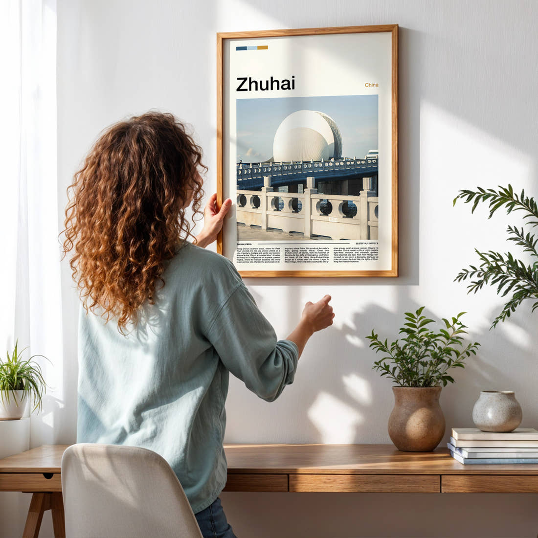 Zhuhai Opera House Bridge Travel Print framed on a pale wall beside houseplants