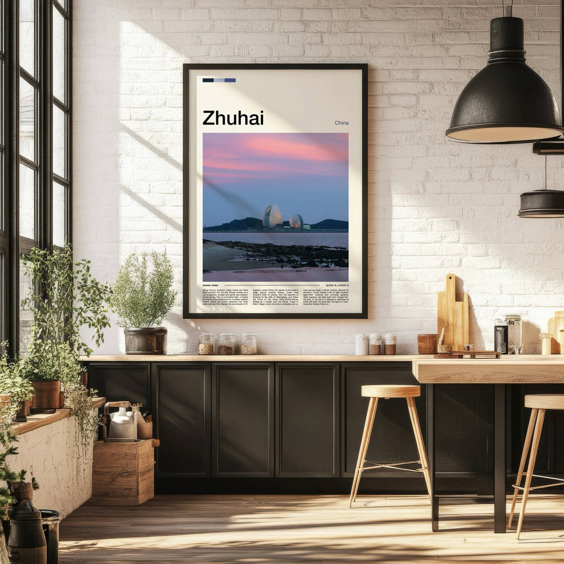 Zhuhai Sunset Bay Skyline Travel Print framed on the wall of a bright kitchen and dining space