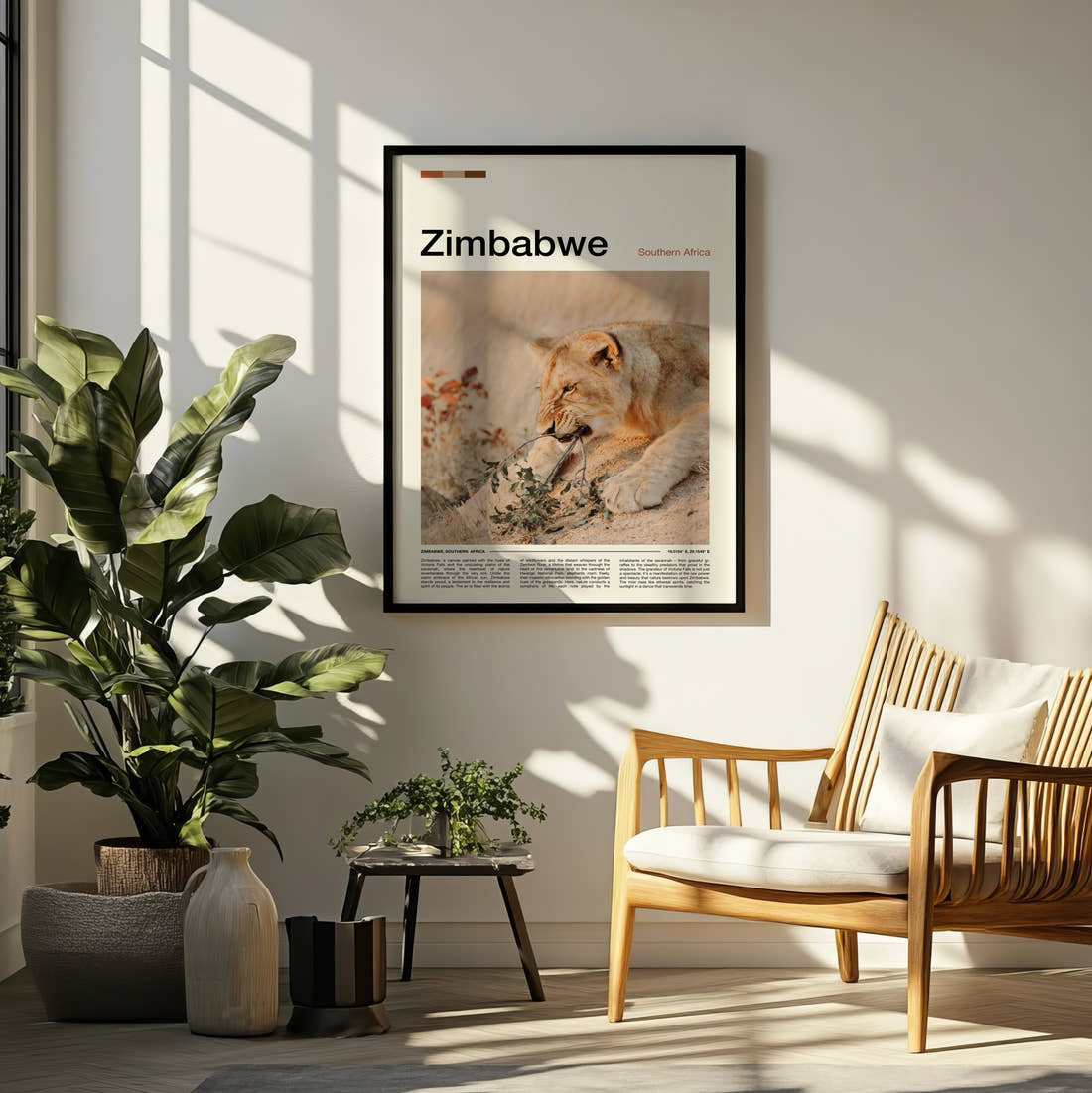 Zimbabwe Resting Lioness Travel Print framed on a pale wall beside houseplants