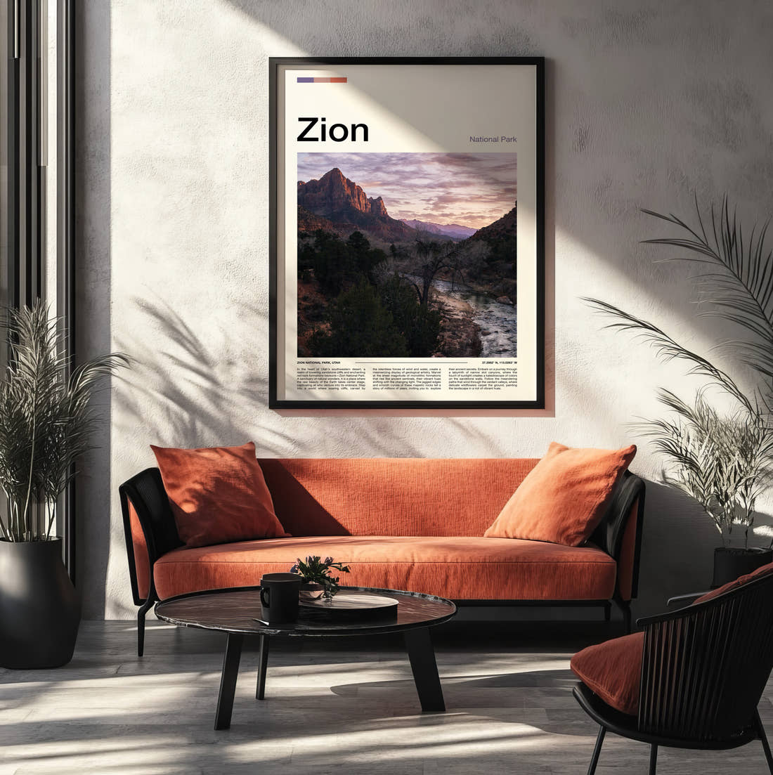 Zion The Watchman Travel Print framed on the wall of a modern living room