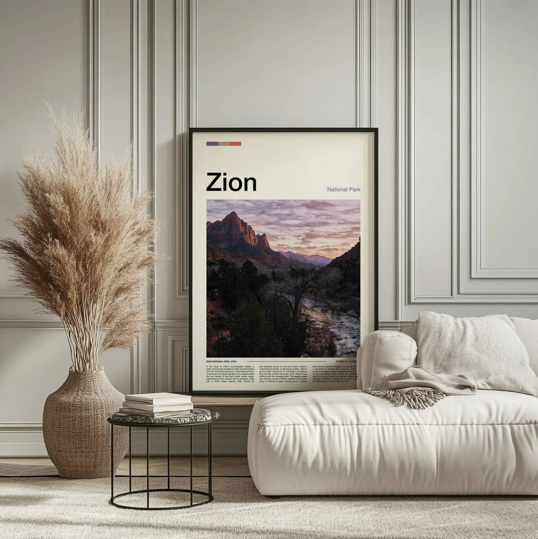 Zion The Watchman Travel Print framed on the wall of a calm, neutral bedroom