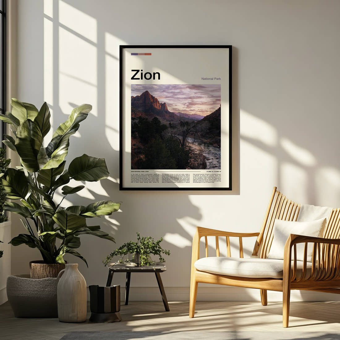Zion The Watchman Travel Print framed on a pale wall beside houseplants