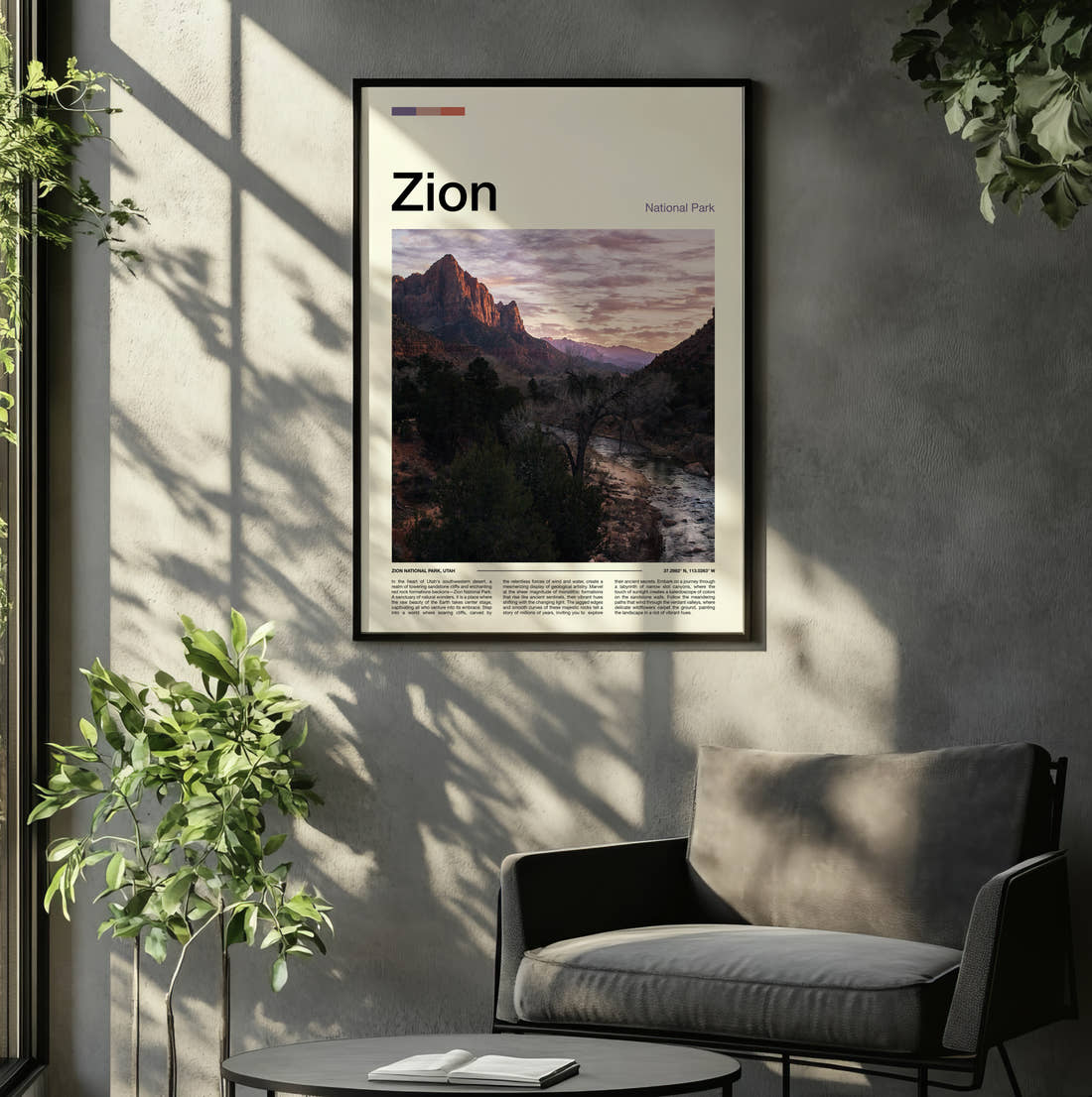 Zion The Watchman Travel Print framed on the wall of a relaxed living room