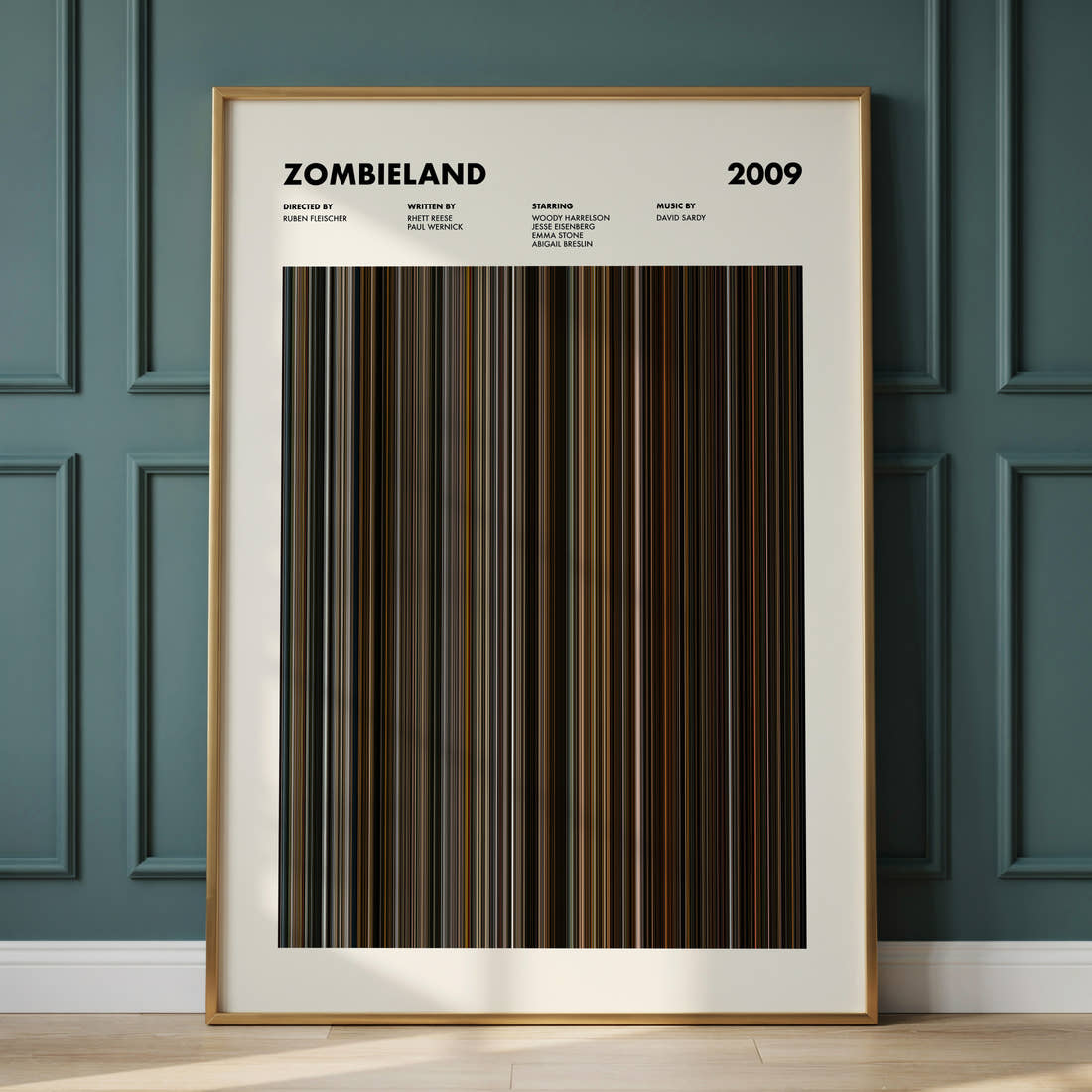 Zombieland Movie Barcode Poster framed and leaning against a panelled wall