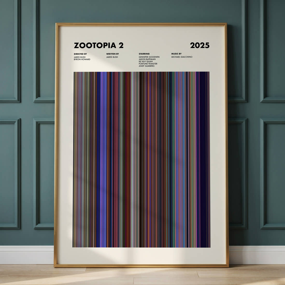 Zootopia 2 Movie Barcode Poster framed and leaning against a panelled wall