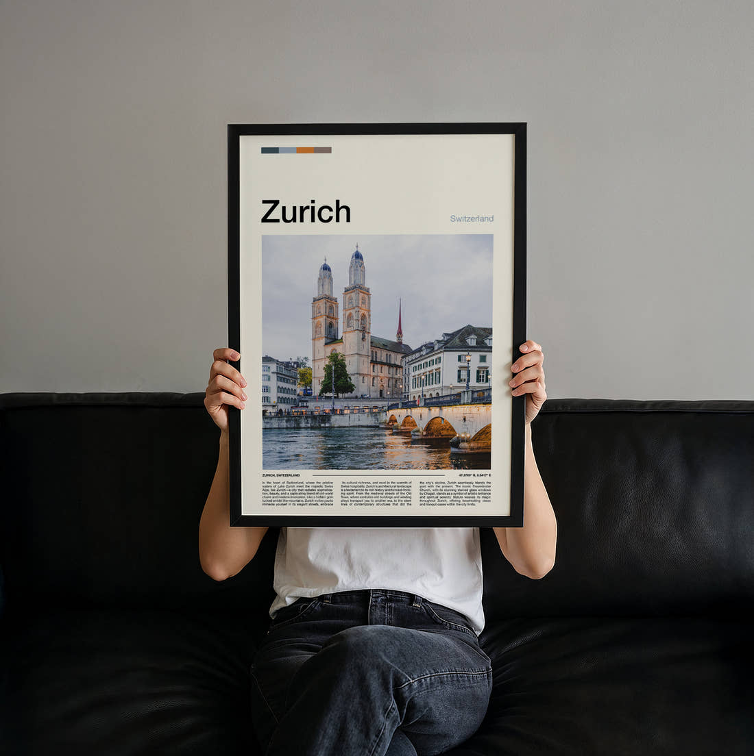 Zurich Grossmünster Twin Towers Travel Print held up by hand to show the size of the print
