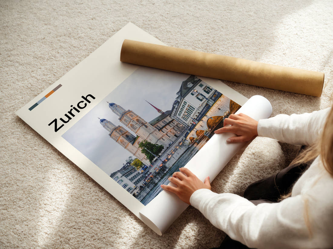 Zurich Grossmünster Twin Towers Travel Print being unrolled from its postal tube