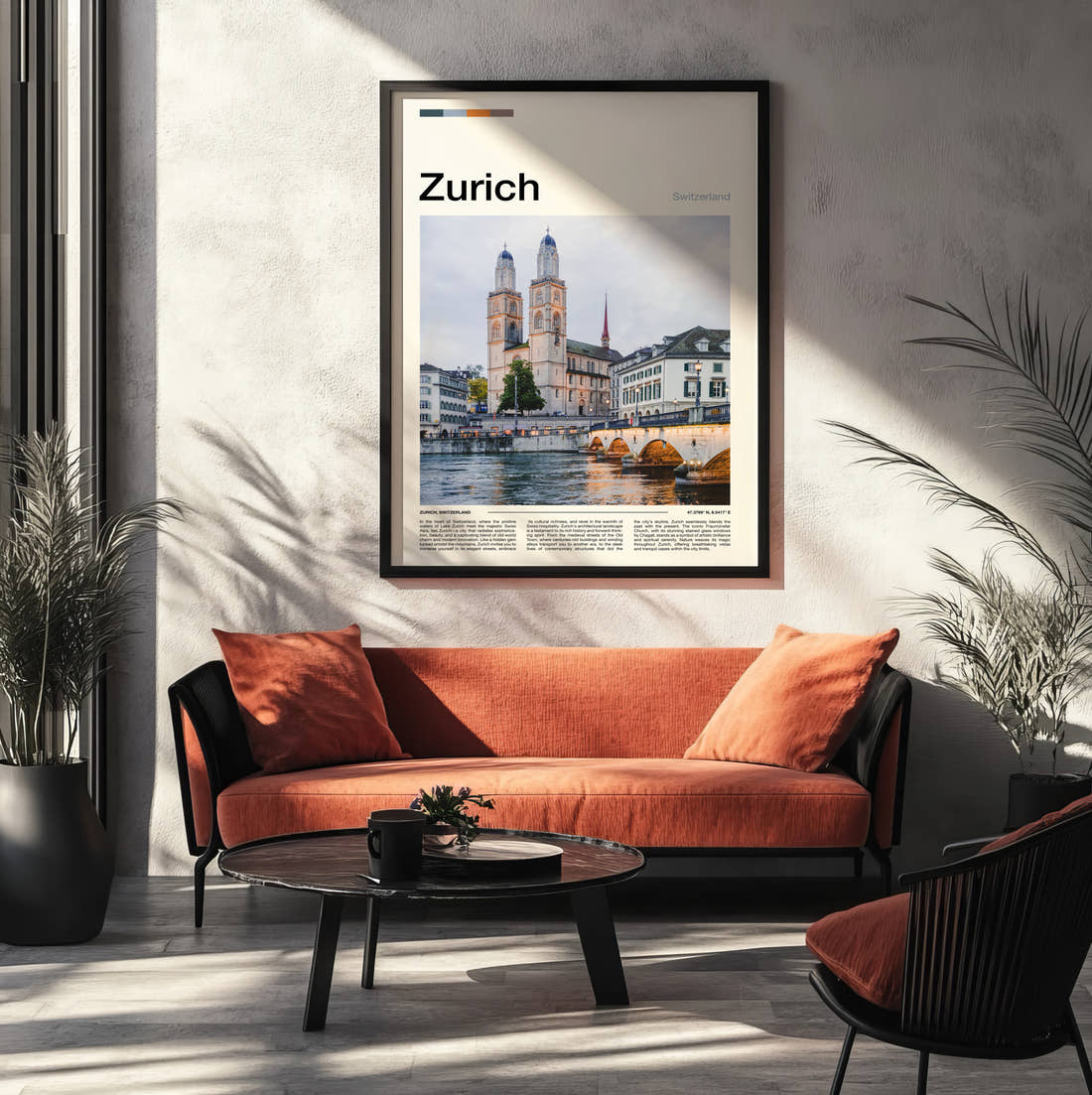 Zurich Grossmünster Twin Towers Travel Print framed on the wall of a modern living room