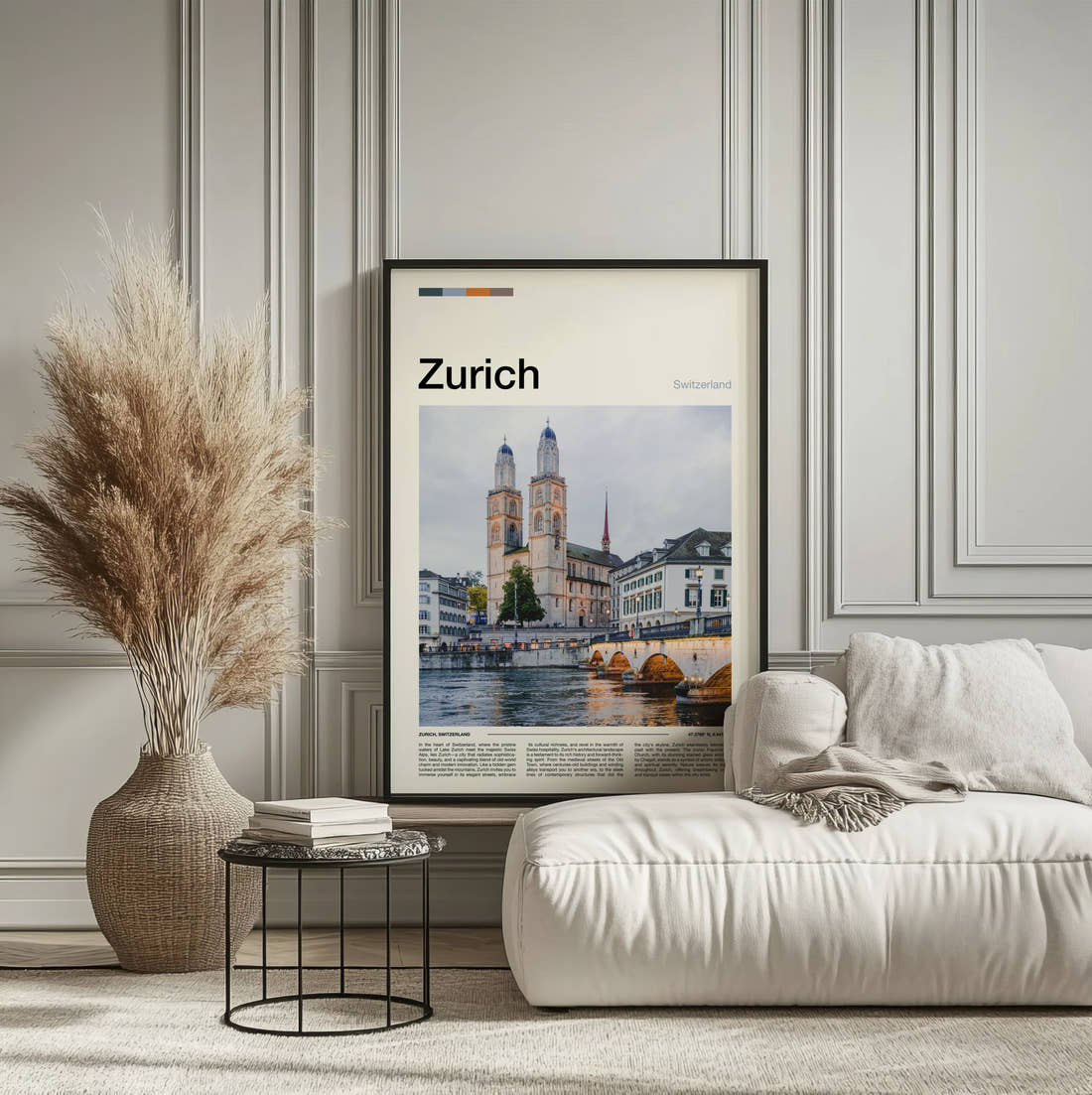 Zurich Grossmünster Twin Towers Travel Print framed on the wall of a calm, neutral bedroom