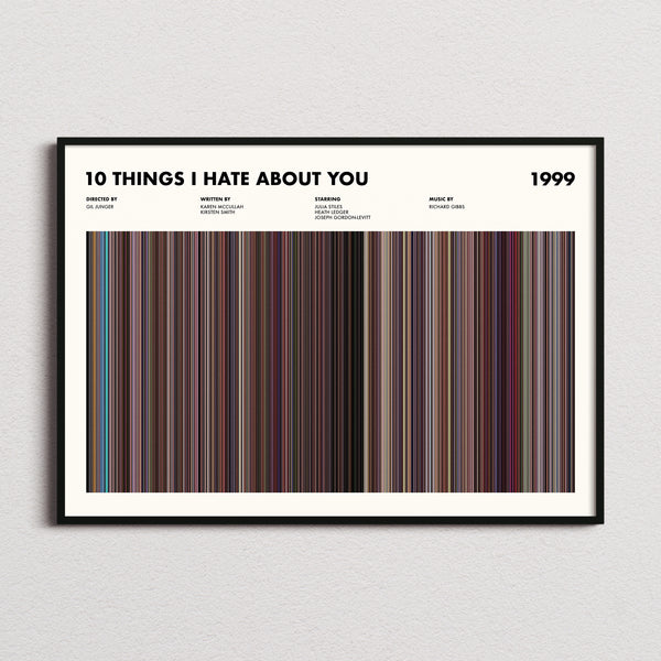 10 Things I Hate About You Movie Barcode Poster framed and photographed straight on