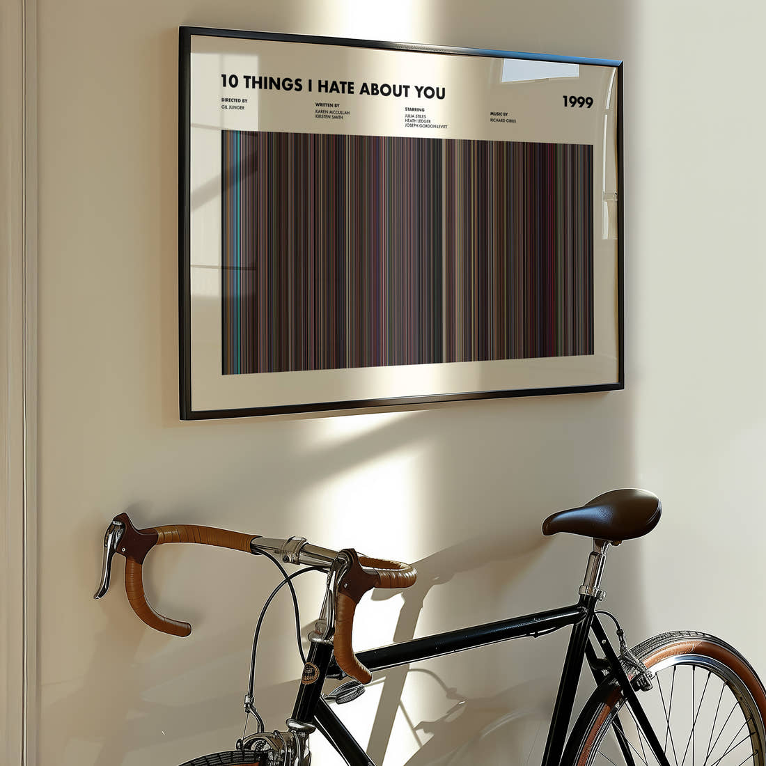 10 Things I Hate About You Movie Barcode Poster framed on the wall of a styled room setting