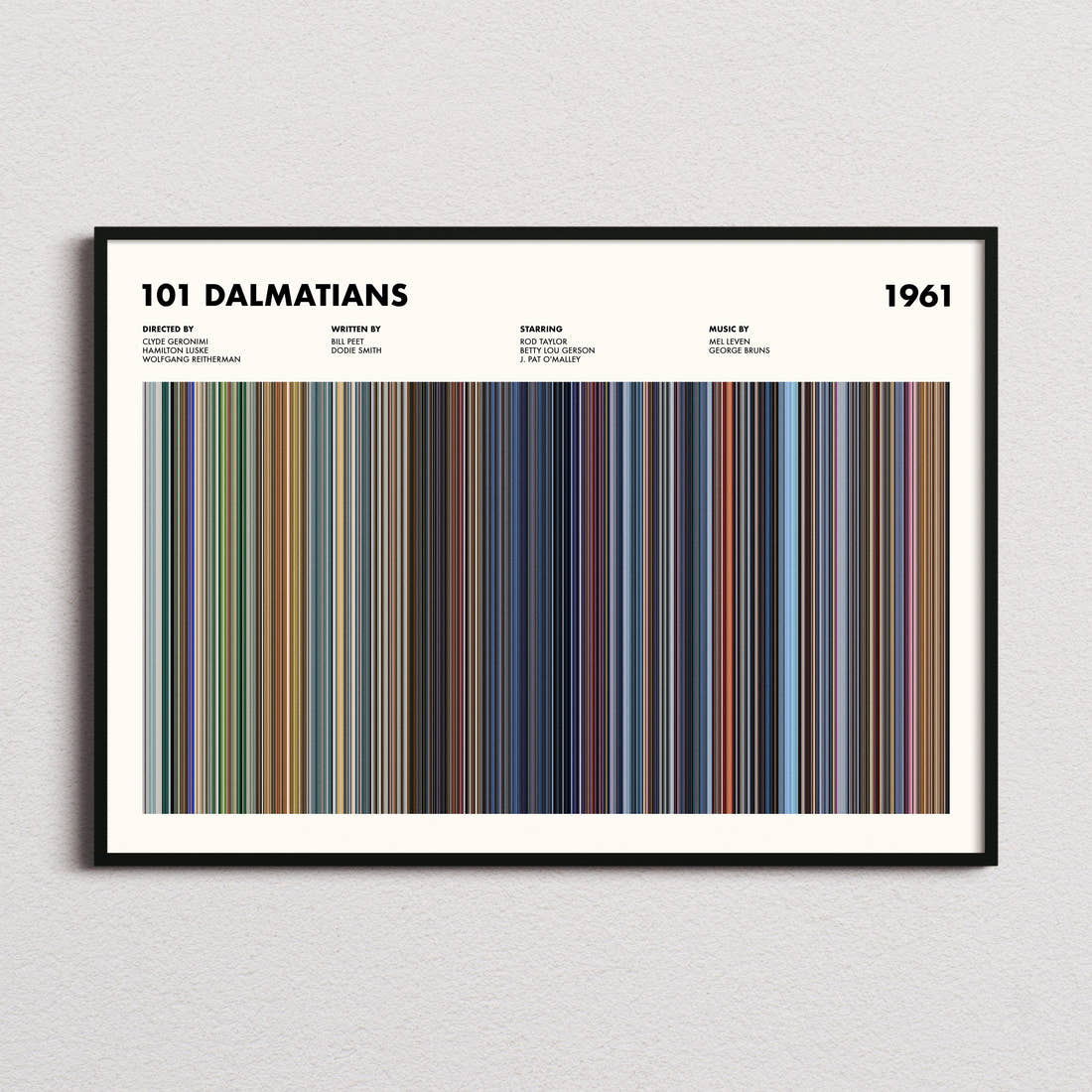 101 Dalmatians Movie Barcode Poster framed and photographed straight on