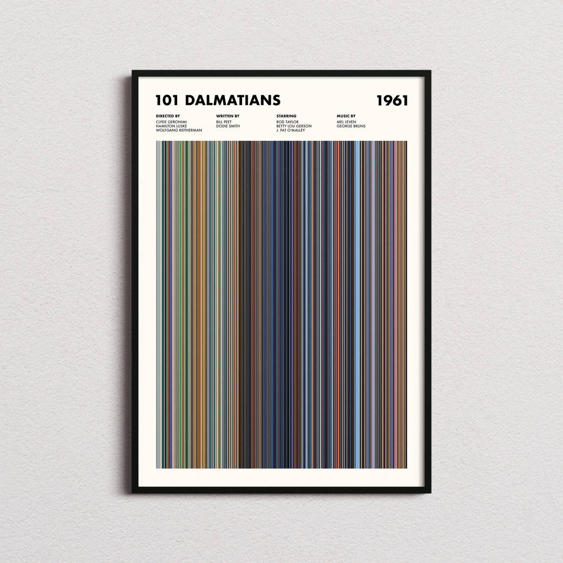 101 Dalmatians Movie Barcode Poster framed on a plain studio wall