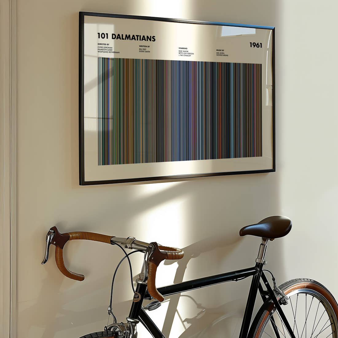 101 Dalmatians Movie Barcode Poster framed on the wall of a styled room setting