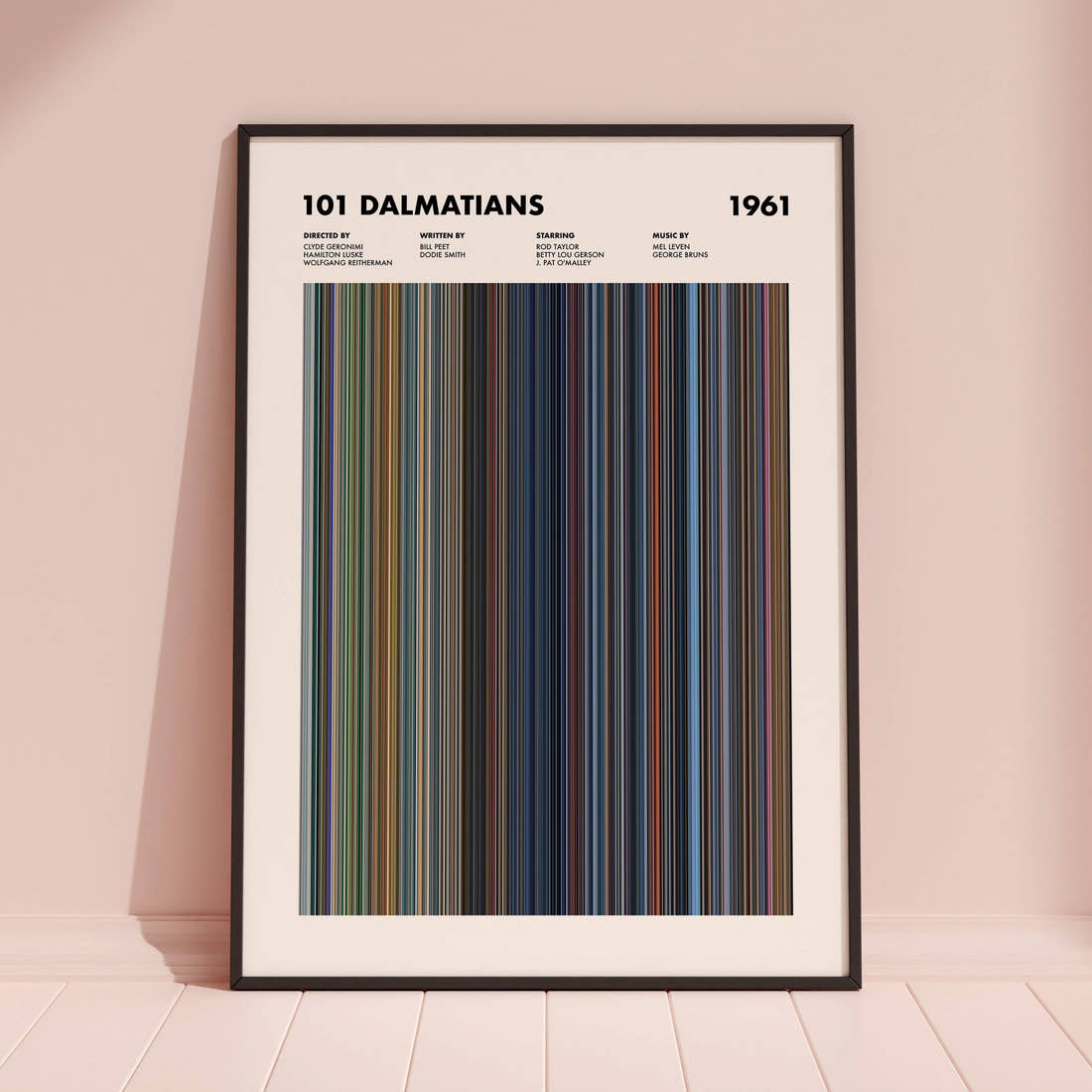 101 Dalmatians Movie Barcode Poster framed and leaning against a coloured wall