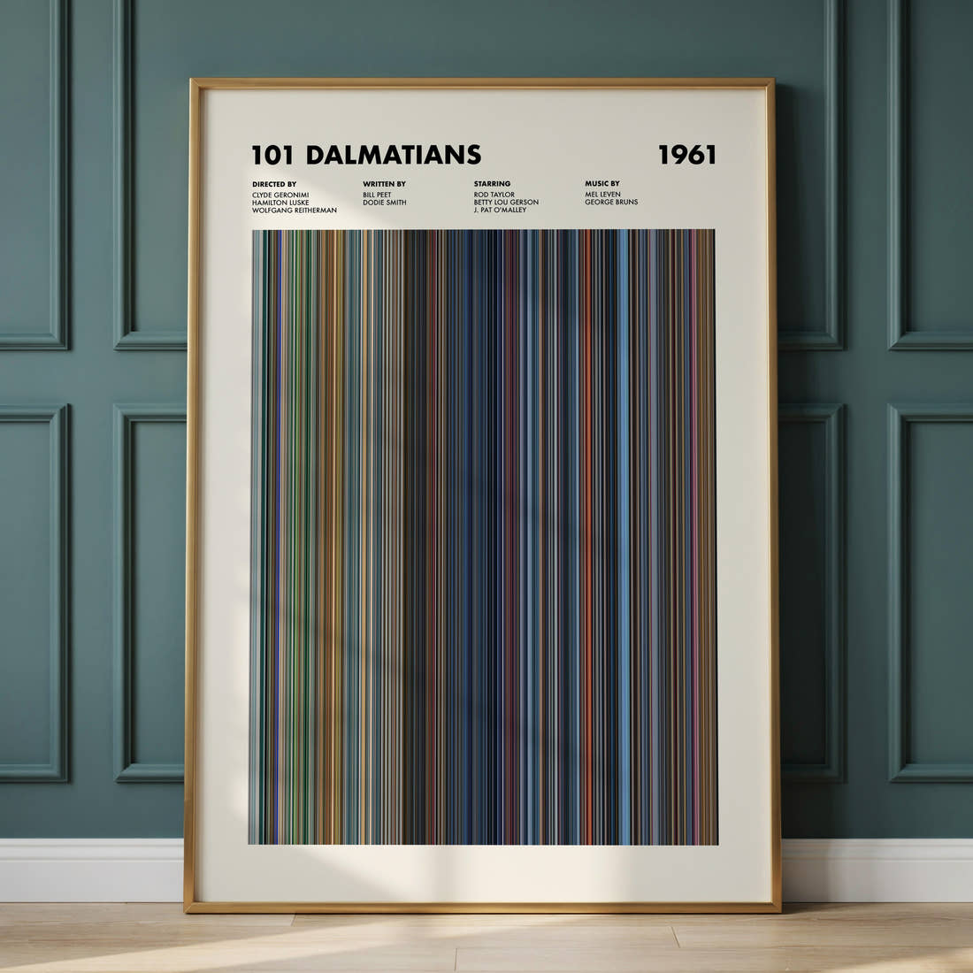 101 Dalmatians Movie Barcode Poster framed and leaning against a panelled wall