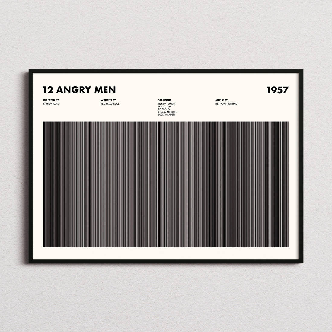 12 Angry Men Movie Barcode Poster framed and photographed straight on