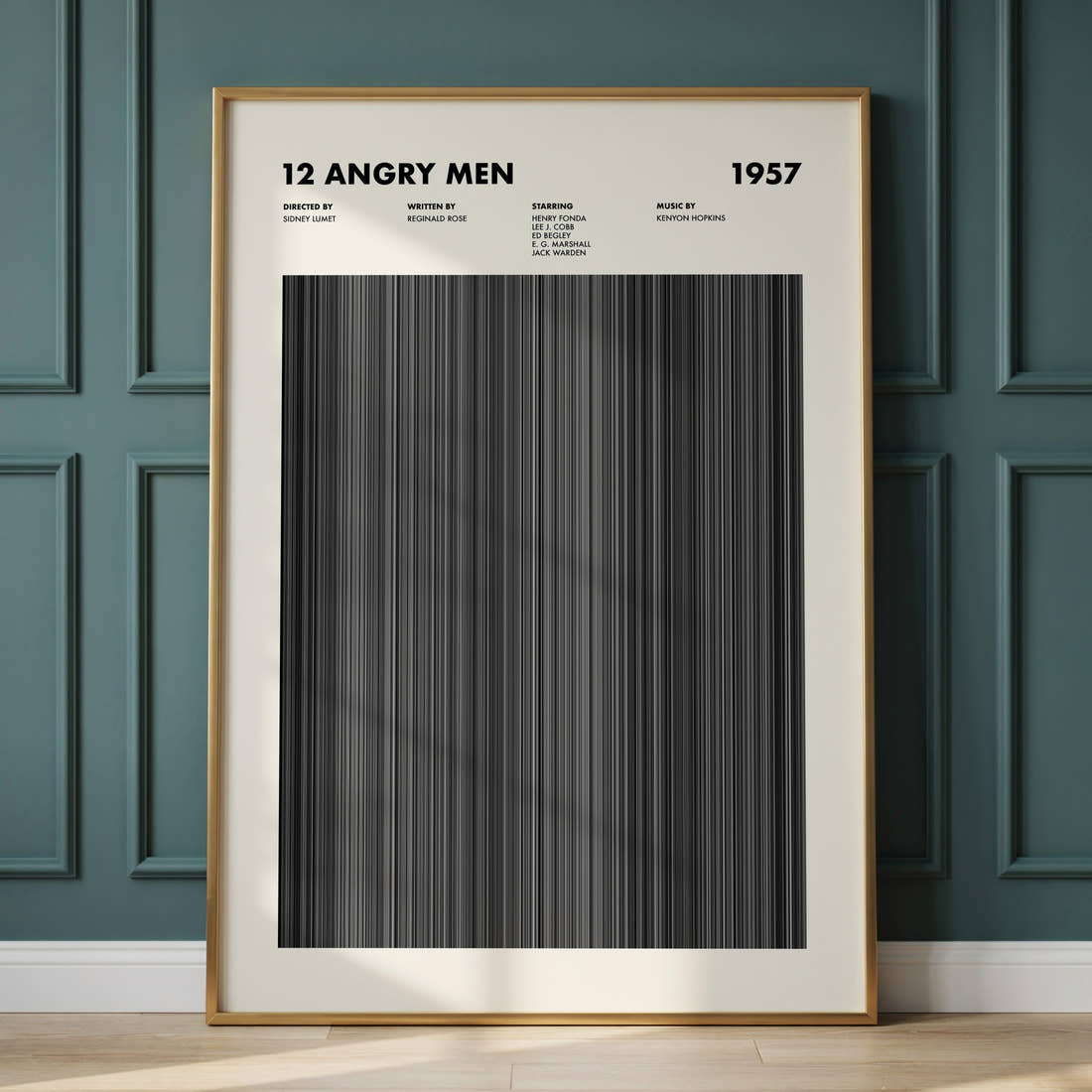12 Angry Men Movie Barcode Poster framed and leaning against a panelled wall