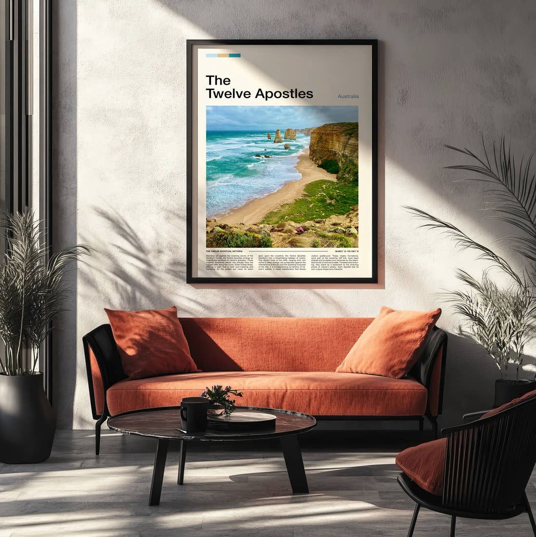 12 Apostles Travel Print framed on the wall of a modern living room