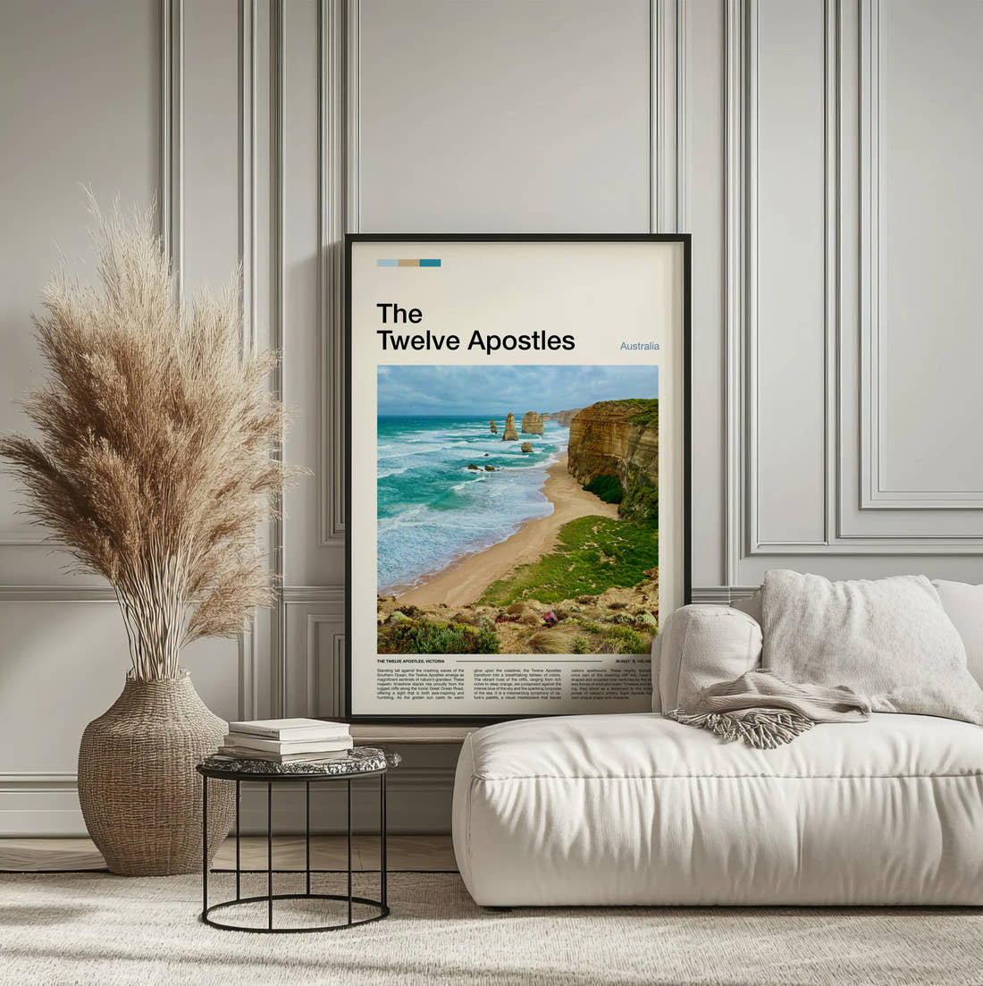 12 Apostles Travel Print framed on the wall of a calm, neutral bedroom