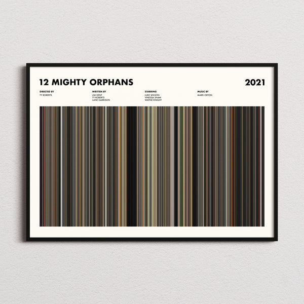 12 Mighty Orphans Movie Barcode Poster framed and photographed straight on