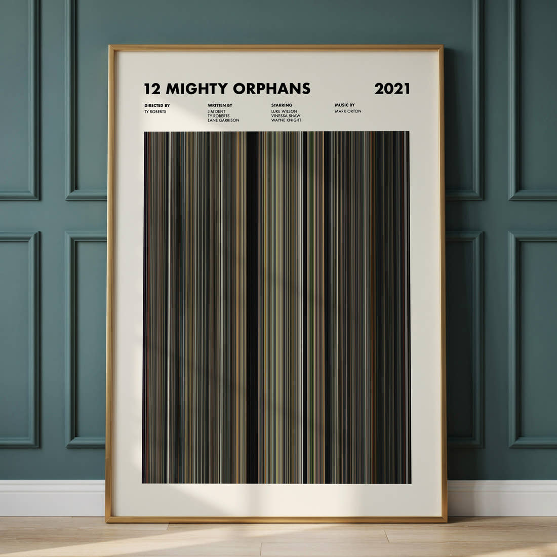 12 Mighty Orphans Movie Barcode Poster framed and leaning against a panelled wall