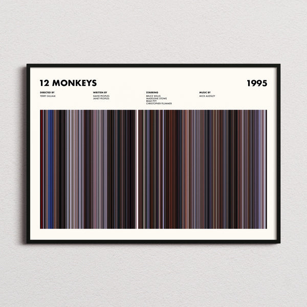 12 Monkeys Movie Barcode Poster framed and photographed straight on