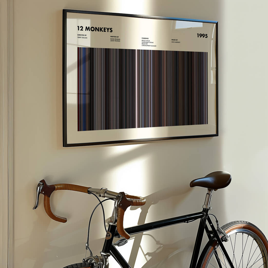 12 Monkeys Movie Barcode Poster framed on the wall of a styled room setting