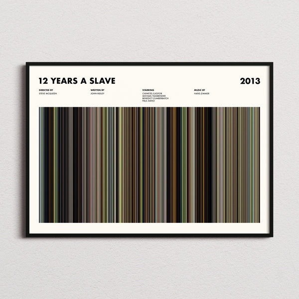 12 Years a Slave Movie Barcode Poster framed and photographed straight on