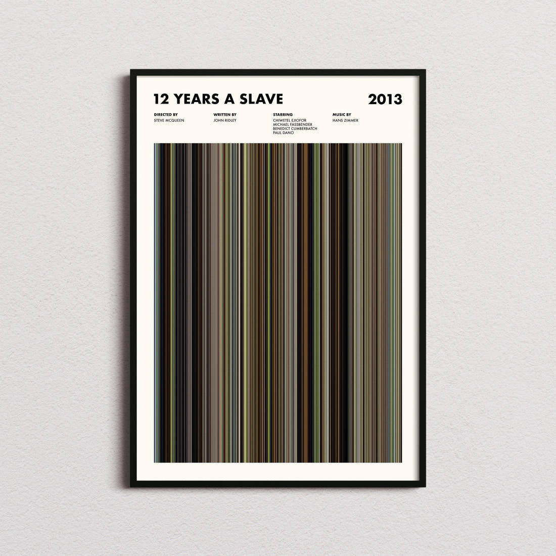 12 Years a Slave Movie Barcode Poster framed on a plain studio wall
