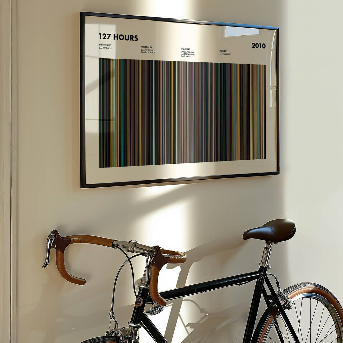127 Hours Movie Barcode Poster framed on the wall of a styled room setting
