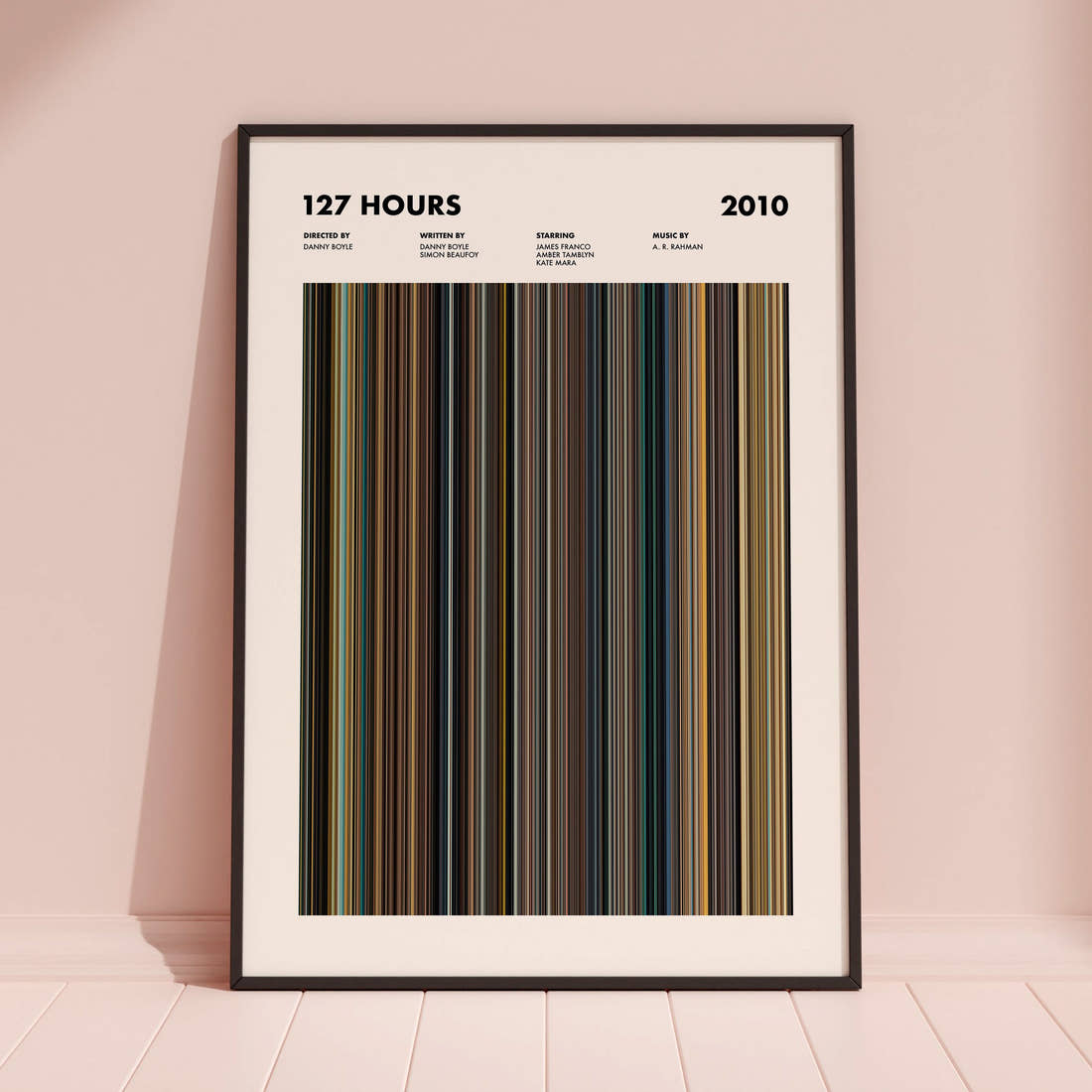 127 Hours Movie Barcode Poster framed and leaning against a coloured wall