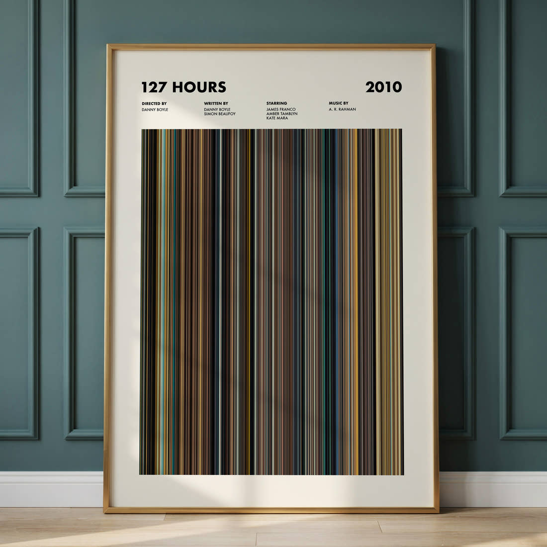 127 Hours Movie Barcode Poster framed and leaning against a panelled wall