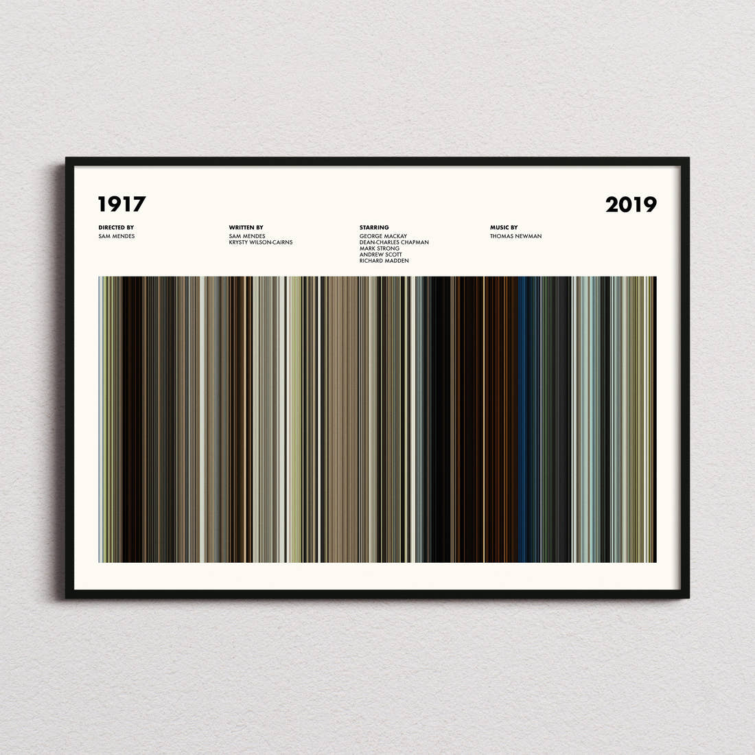 1917 Movie Barcode Poster framed and photographed straight on