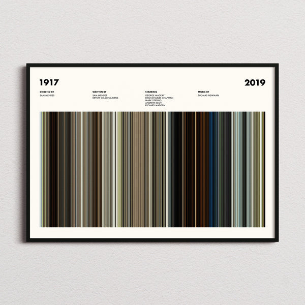 1917 Movie Barcode Poster framed and photographed straight on