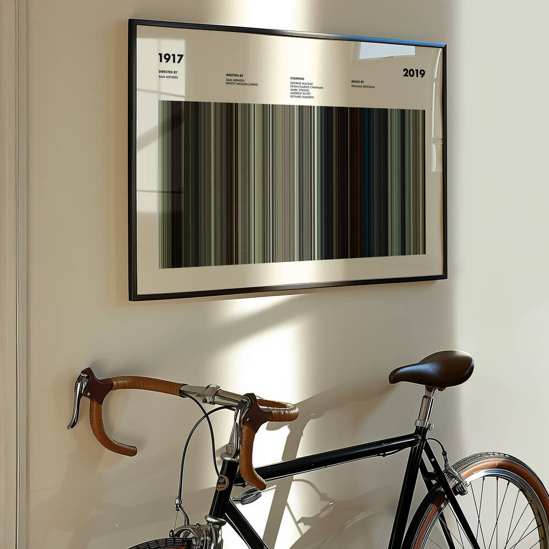 1917 Movie Barcode Poster framed on the wall of a styled room setting