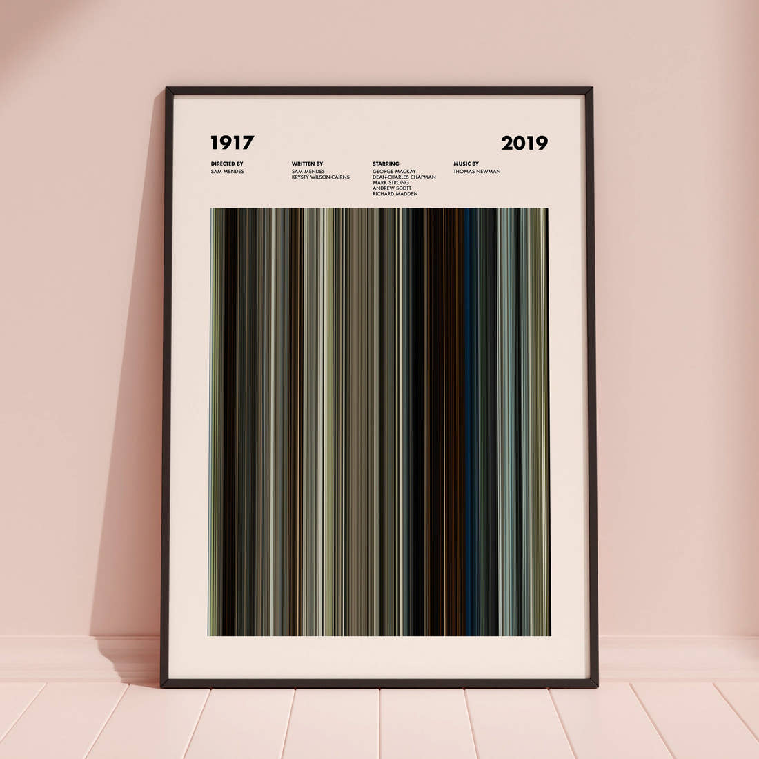 1917 Movie Barcode Poster framed and leaning against a coloured wall
